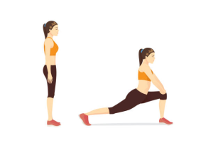 Illustration of a woman in workout clothes standing straight, then performing a forward lunge stretch with one knee bent and hands resting on the front thigh—a helpful move to prevent or recover from hamstring muscle strain.