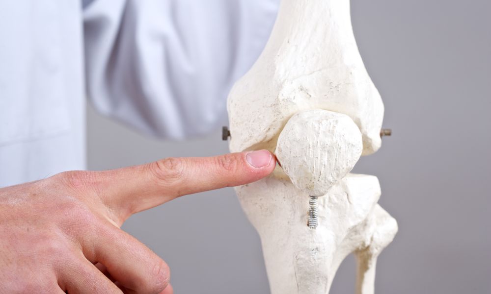 A hand points to the patella (kneecap) on a white anatomical knee joint model, illustrating common Knee Symptoms and Conditions, with a neutral gray background.
