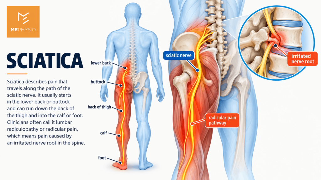 An anatomical illustration showing the path of sciatic nerve pain from the lower back through the leg, with an inset diagram highlighting an irritated nerve root in the spine.