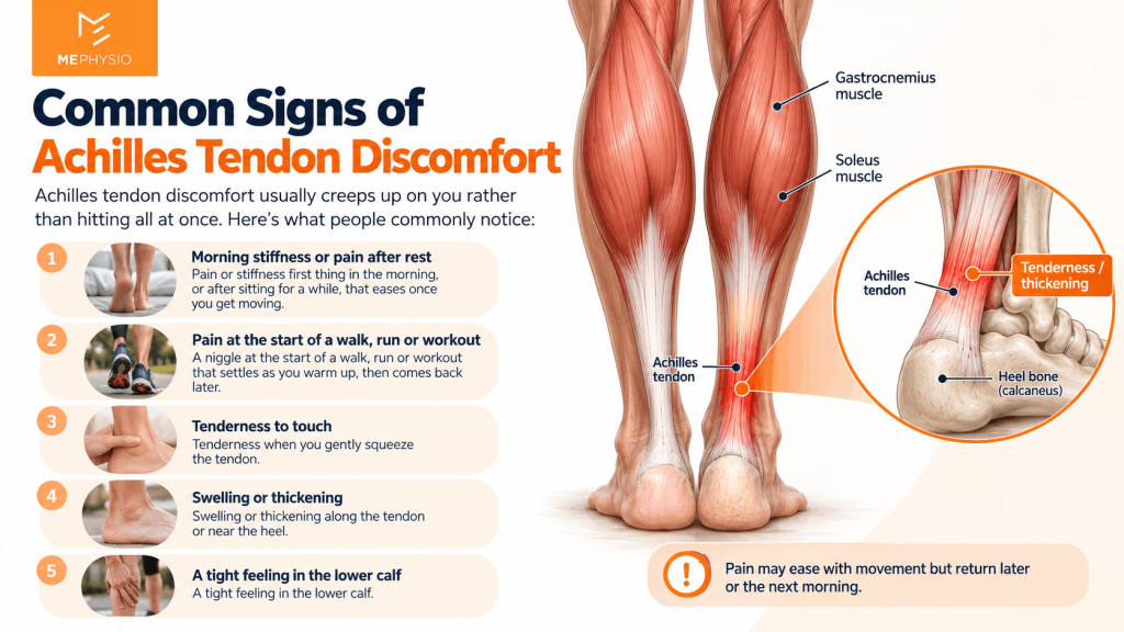 An infographic titled “Common Signs of Achilles Tendon Discomfort” listing five symptoms alongside an anatomical leg diagram highlighting the Achilles tendon, gastrocnemius, and soleus muscles, which are often discussed in relation to sciatica.